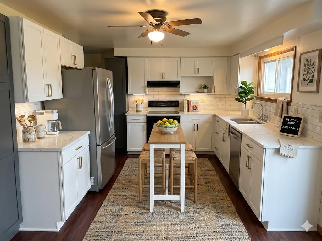 5 1st Street Star Junction, PA 15482 - Photo 8 of 20 a kitchen with stainless steel appliances granite countertop a refrigerator a stove a sink dishwasher and white cabinets with wooden floor