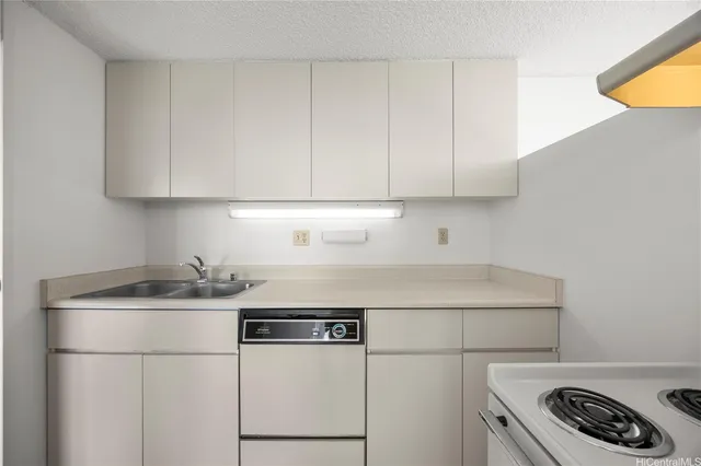 a kitchen with a sink a stove and cabinets