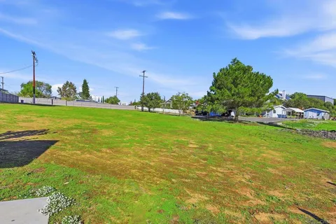 a view of a garden with houses