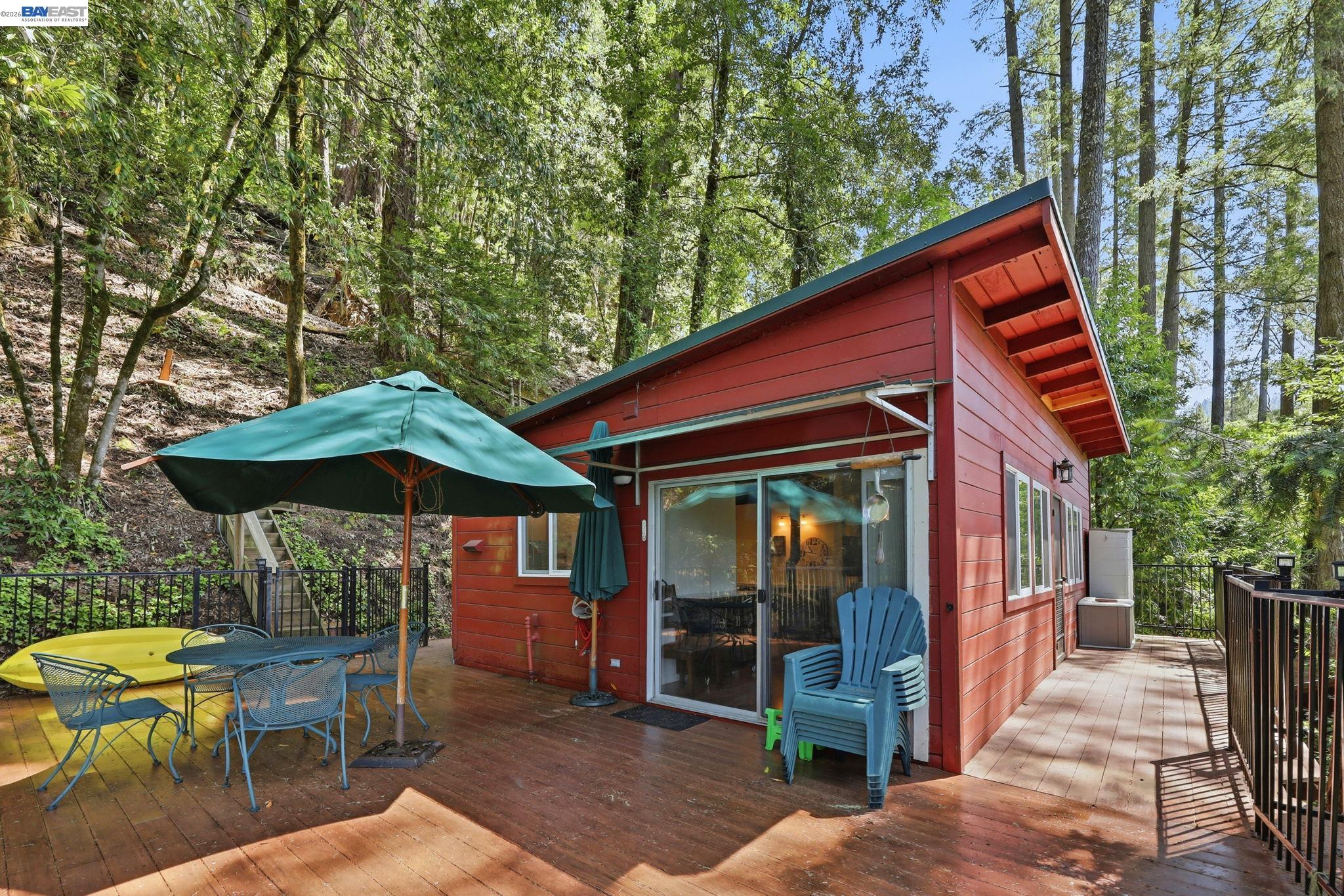 11700 Oak Road Forestville, CA 95436 - Photo 14 of 20 a backyard of a house with table and chairs under an umbrella