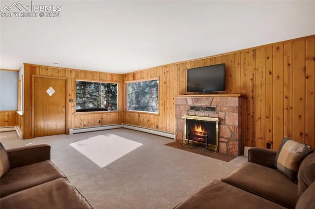 a living room with furniture a flat screen tv and a fireplace
