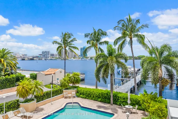 a view of a palm and yard with swimming pool