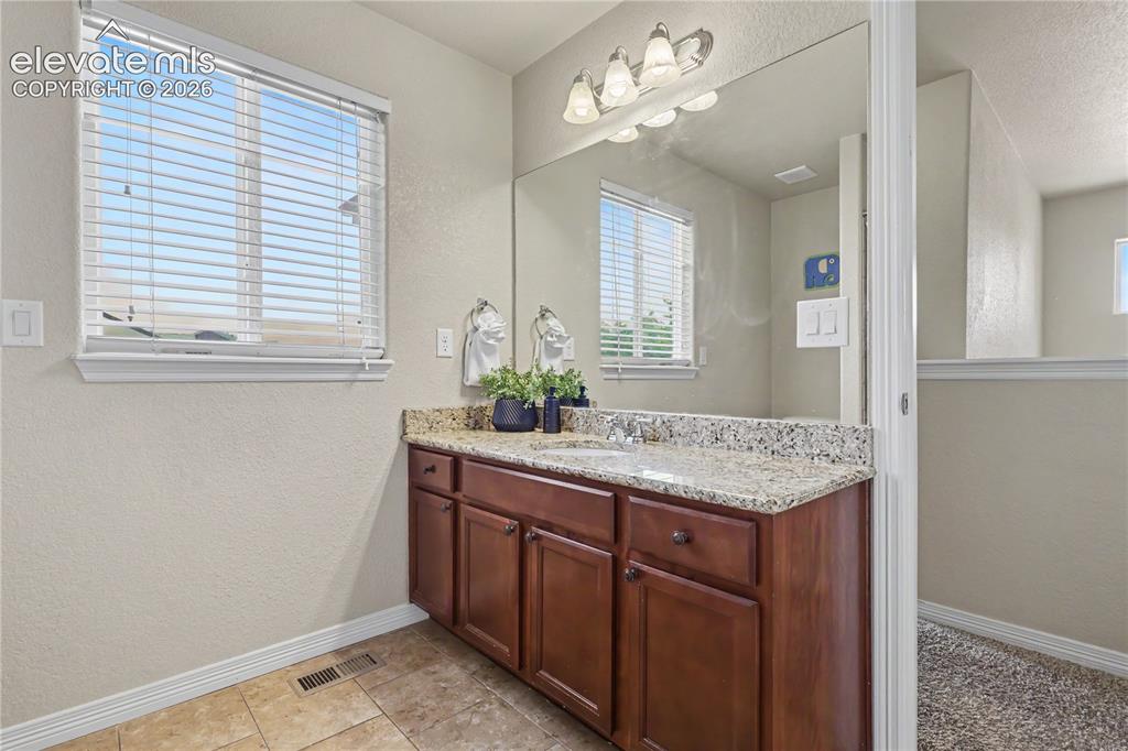 6598 Alliance Loop Colorado Springs, CO 80925 - Photo 26 of 39 Bathroom vanity with a granite-style countertop, undermount sink, and wood-finish cabinetry