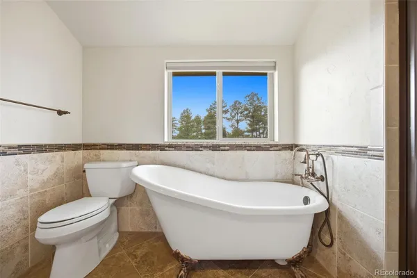a bathroom with a bathtub and a toilet