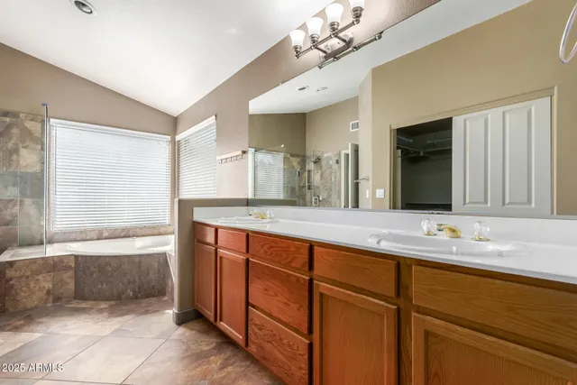 a bathroom with a sink double vanity granite tub shower and a mirror