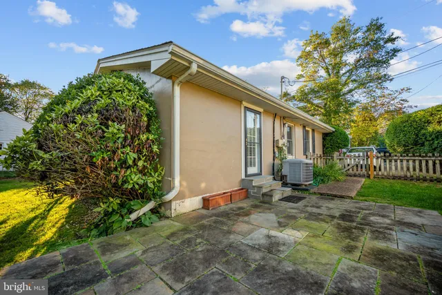 a backyard of a house with lawn chairs plants and large tree