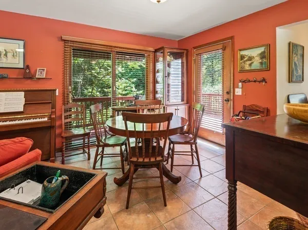 a view of a dining room with furniture window and outside view