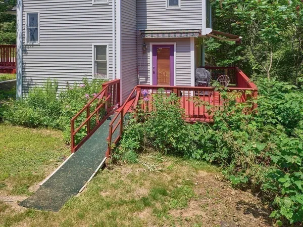 a view of a house with a yard and potted plants