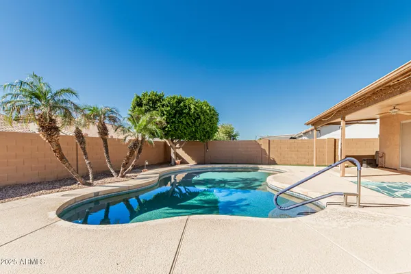 a view of a swimming pool with a yard