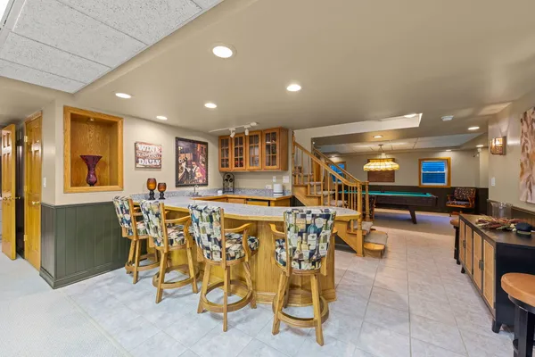 a view of a dining room with furniture