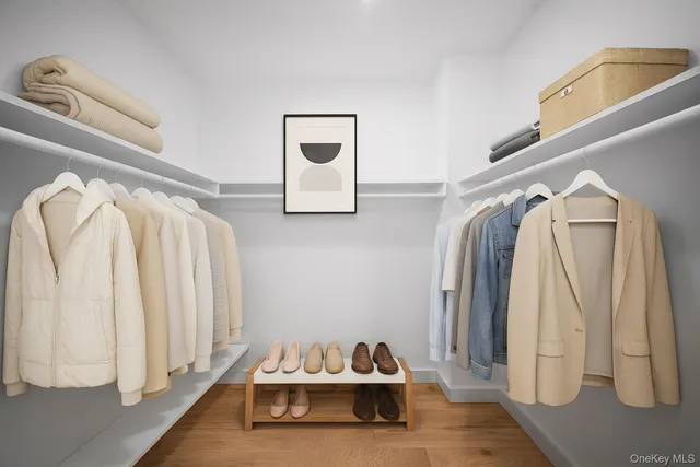 a view of walk in closet with clothes and shoes