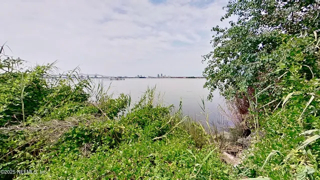 a view of a lake with a garden