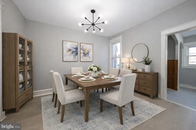 a view of a dining room with furniture