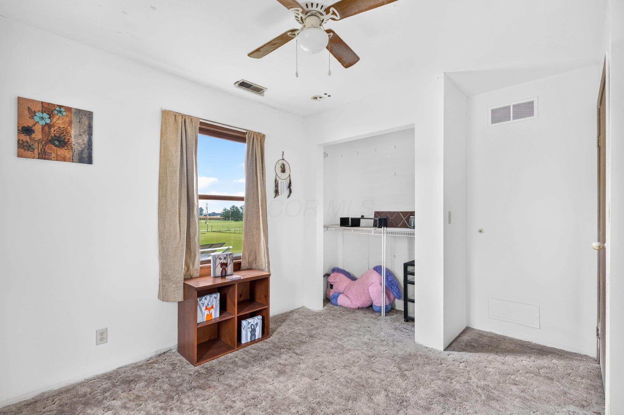 4780 North Section Line Road Radnor, OH 43066 - Photo 43 of 79 Carpeted flooring, a window with a wood trim, and a ceiling fan with wood-finish blades