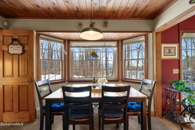 a view of a dining room with furniture window and outside view