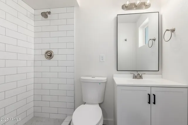a bathroom with a toilet sink shower and mirror