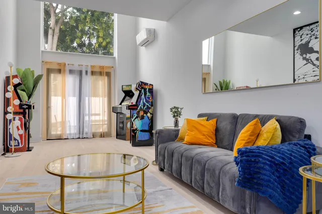 a living room with furniture and a potted plant