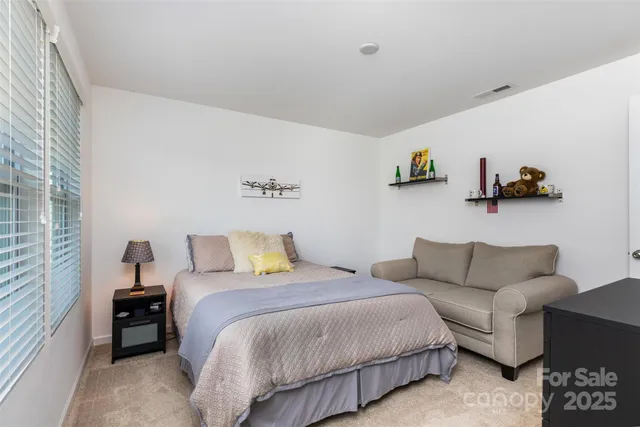 a bedroom with a bed and a couch