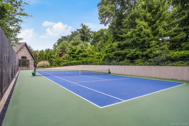 a view of an outdoor space and basketball court
