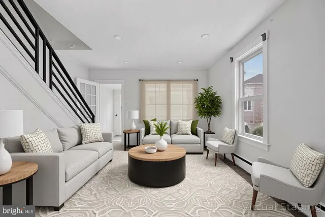 a living room with furniture and a potted plant
