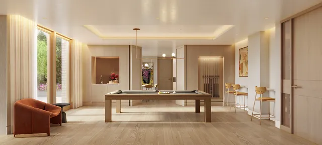 a living room with furniture and a large mirror next to a window