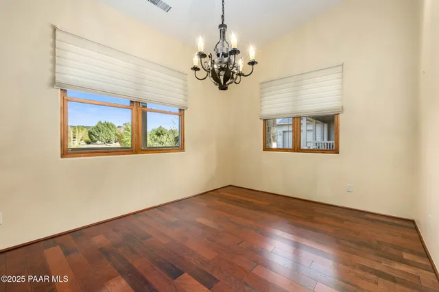 a view of a chandelier in a room
