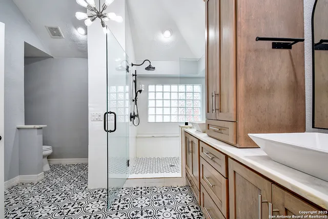 a bathroom with a double vanity sink a toilet and shower