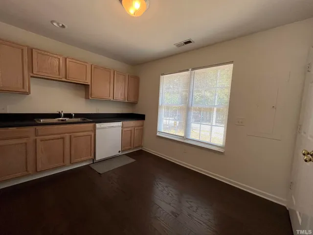a kitchen with a sink a window and cabinets