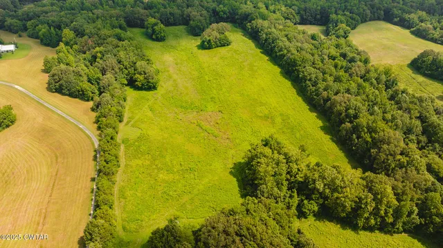 a bathroom with a blue swimming pool and garden in the background