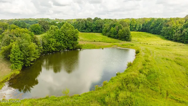 a view of a lake with a yard