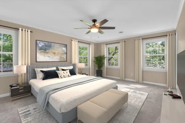 a bedroom with a large bed and a chandelier