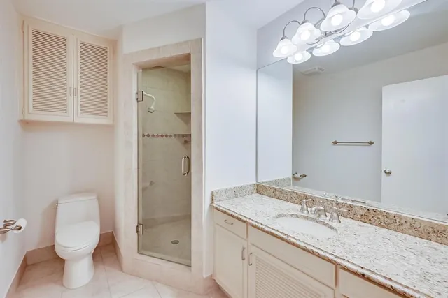 a bathroom with a granite countertop sink a toilet and a shower