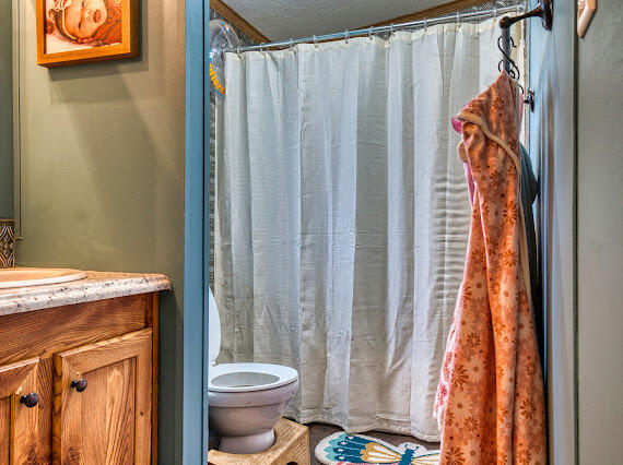 6341 Farm Private Road Levelland, TX 79336 - Photo 28 of 46 a bathroom with a toilet and a shower curtain