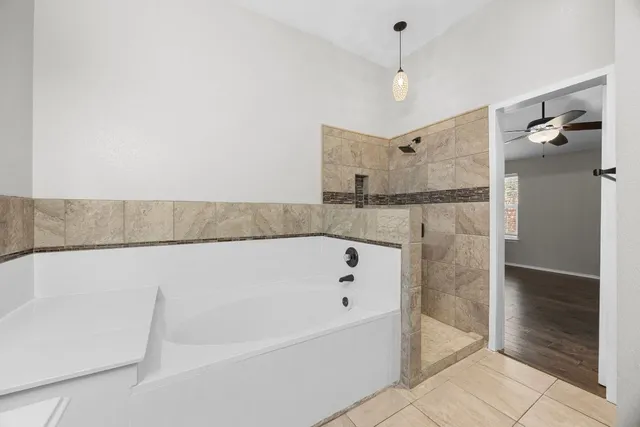 a bathroom with a bathtub and a shower