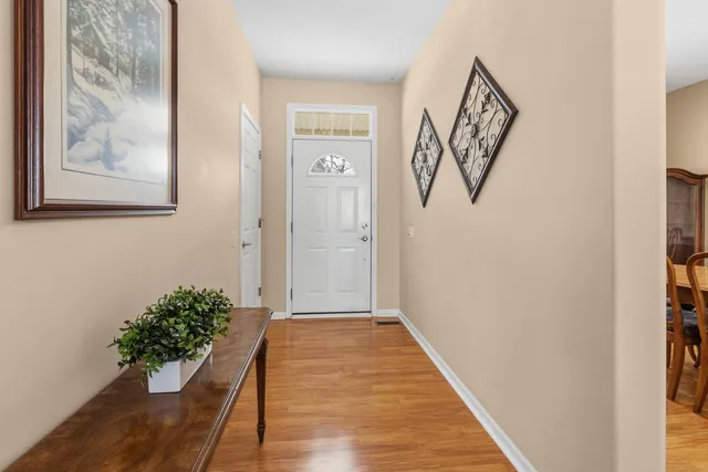 a view of a hallway with wooden floor and a potted plant