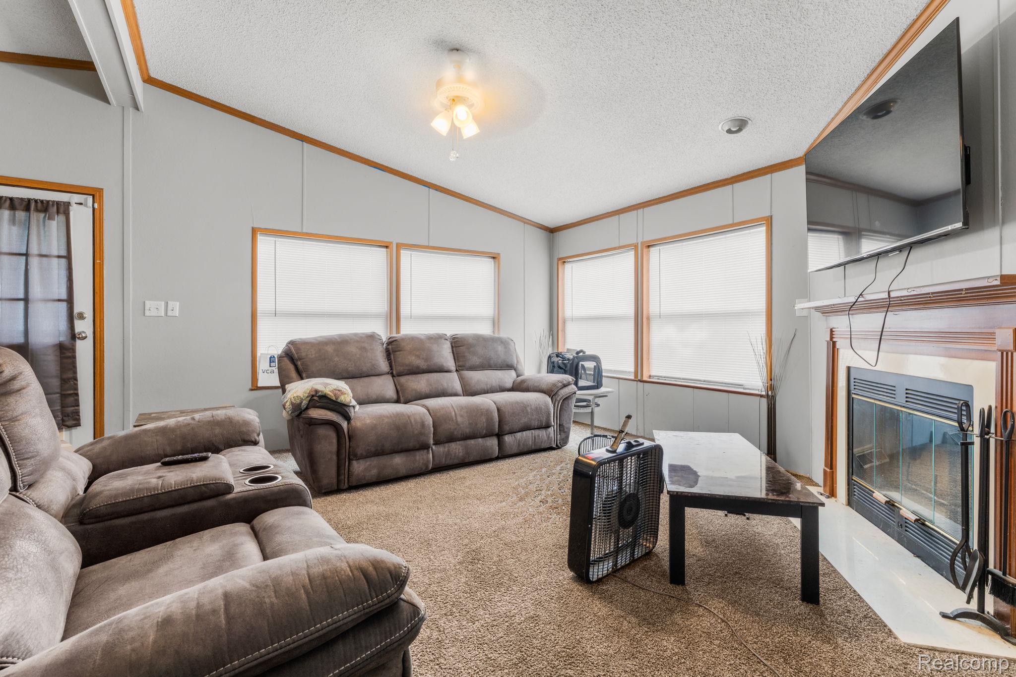 19921 Rhapsody Drive Clinton Township, MI 48036 - Photo 9 of 19 Living area featuring a fireplace with a mantel, multiple windows, and a ceiling-mounted light fixture