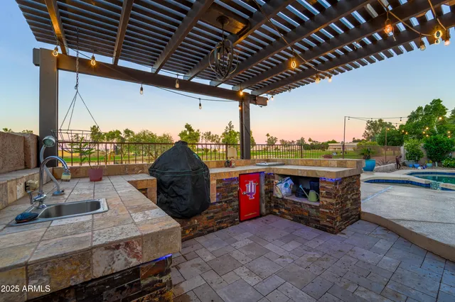 an aerial view of a house with a garden