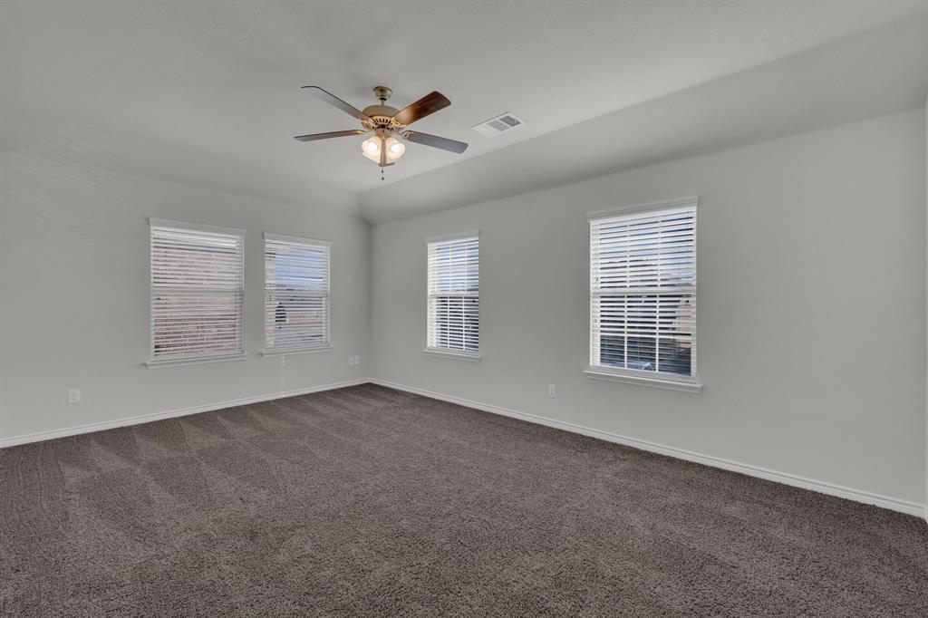610 Bassett Hall Road Fate, TX 75189 - Photo 22 of 28 Carpeted spare room with vaulted ceiling and ceiling fan