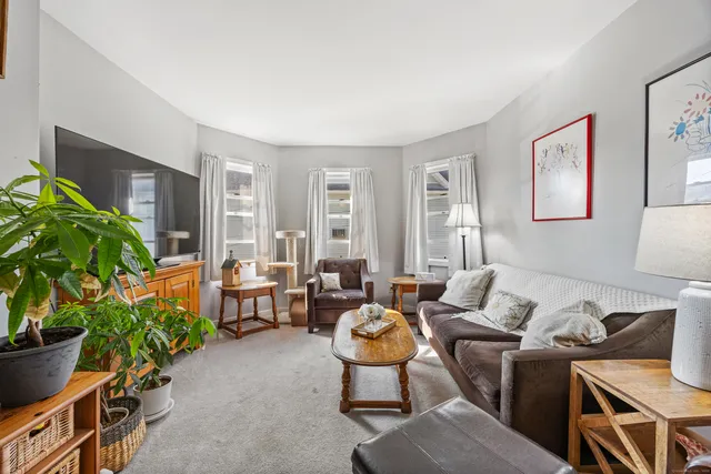a living room with furniture potted plant and a window