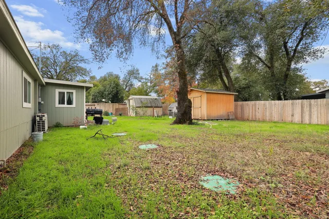 a view of a house with backyard and a tree