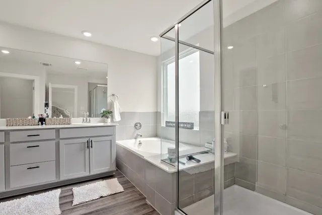 a bathroom with a double vanity sink mirror double shower and tub