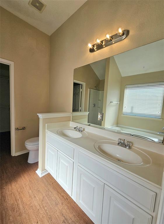 14224 Polo Ranch Street Fort Worth, TX 76052 - Photo 16 of 35 a spacious bathroom with a granite countertop sink a toilet and a mirror