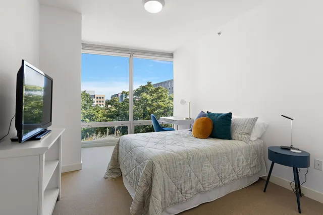 a bedroom with a bed a flat screen tv and a potted plant
