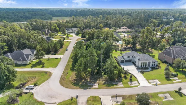 an aerial view of residential houses with outdoor space and trees