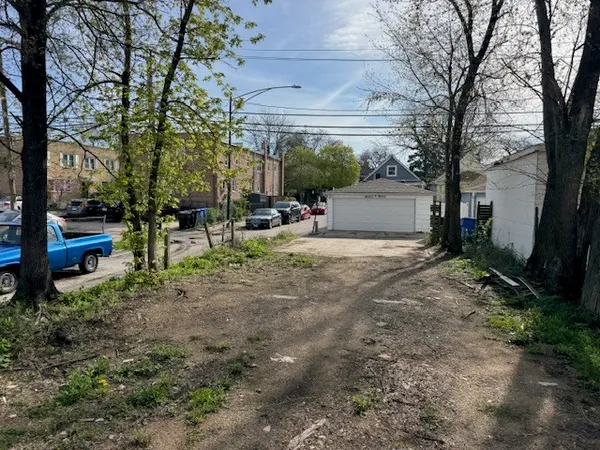 a view of a park with bench and trees