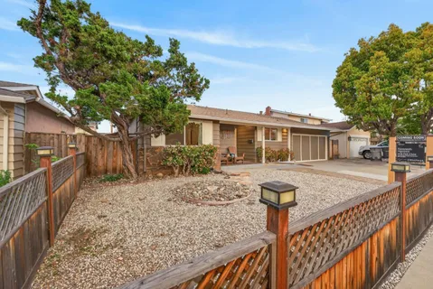 a front view of house with yard patio and tree