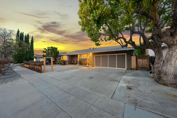 a view of a house with backyard and a tree