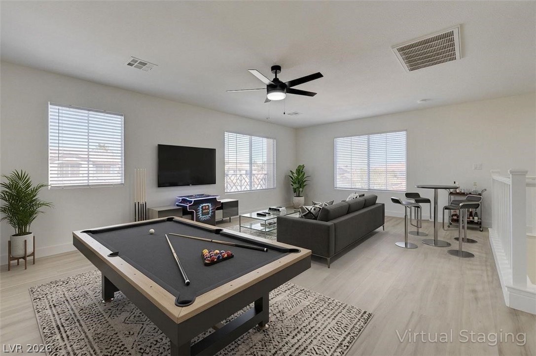 9687 Ridgebluff Avenue Las Vegas, NV 89148 - Photo 8 of 57 Recreation room with billiards table, light wood finished floors, and ceiling fan