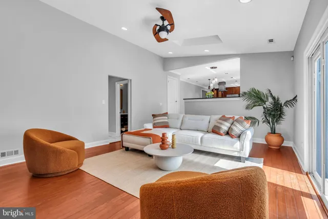 a living room with furniture and a potted plant