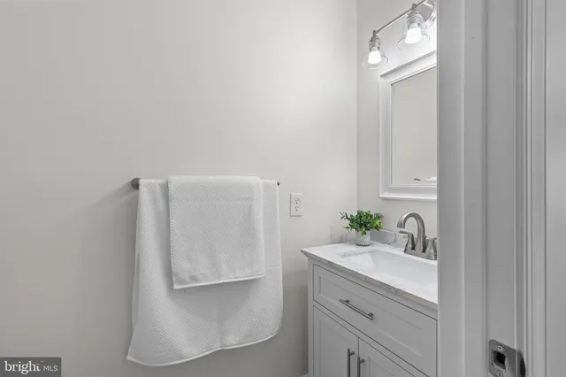 a bathroom with a sink a mirror and a potted plant